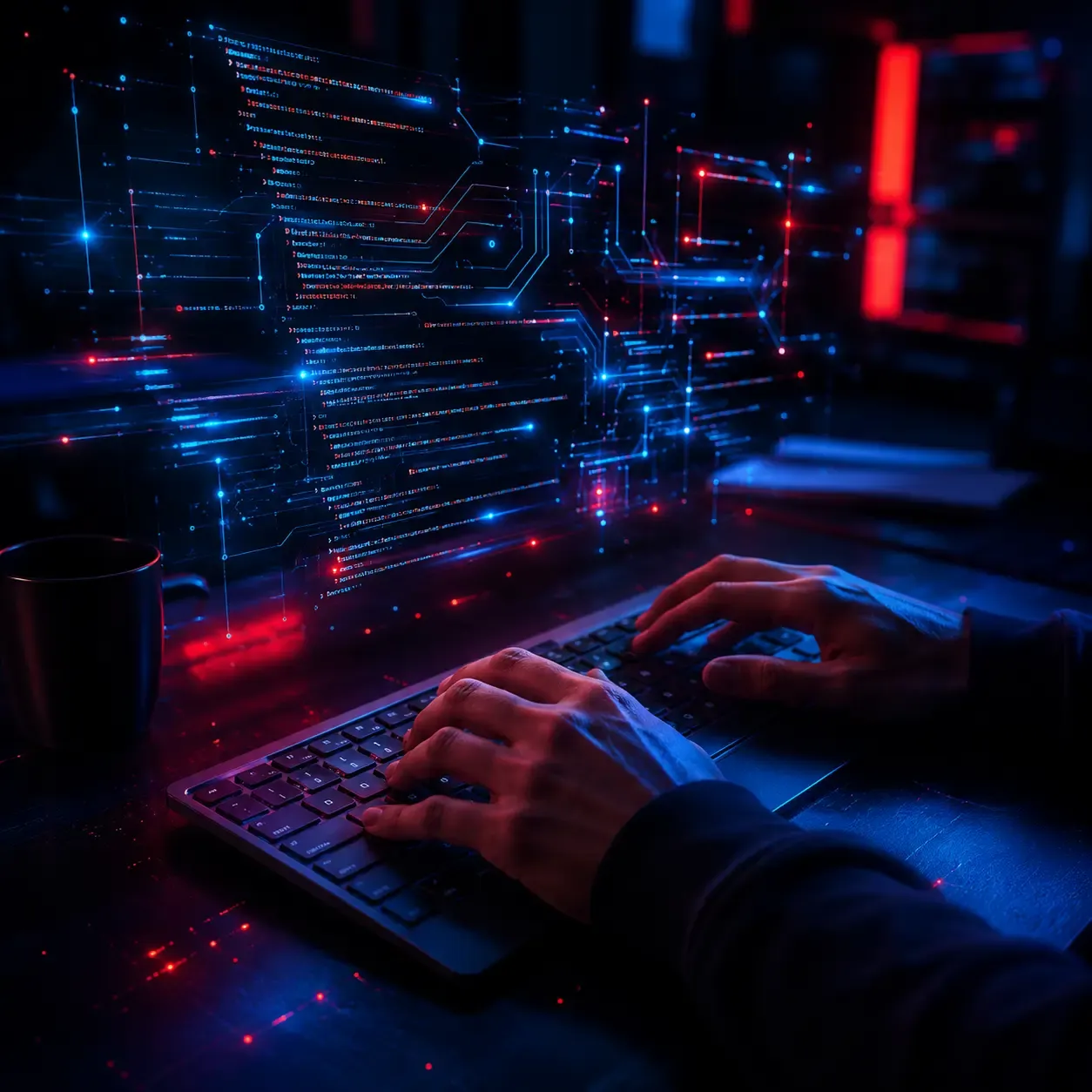 Hands typing on a keyboard amid glowing blue and red digital data streams.